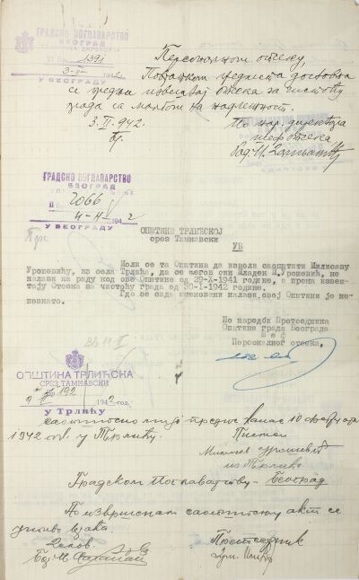 Response of the Belgrade municipality to municipal office in Trlić, for Milisav Urošević, with comments, 9. 2. 1942.
